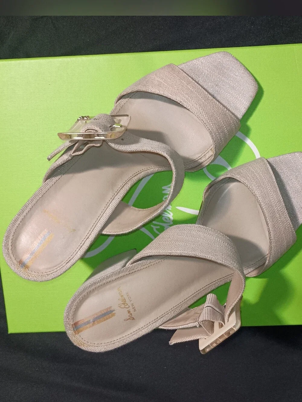 Sam Edelman DALTON in Sand/Metallic Linen Sandal w/Block Heel & Buckle Size 10M
